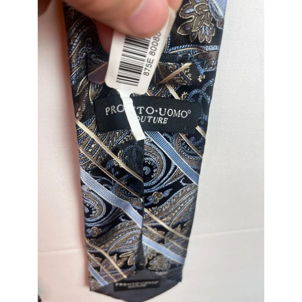Pronto Uomo Couture Silk Tie Mens Paisley Floral Striped Blue Brown 100% Silk